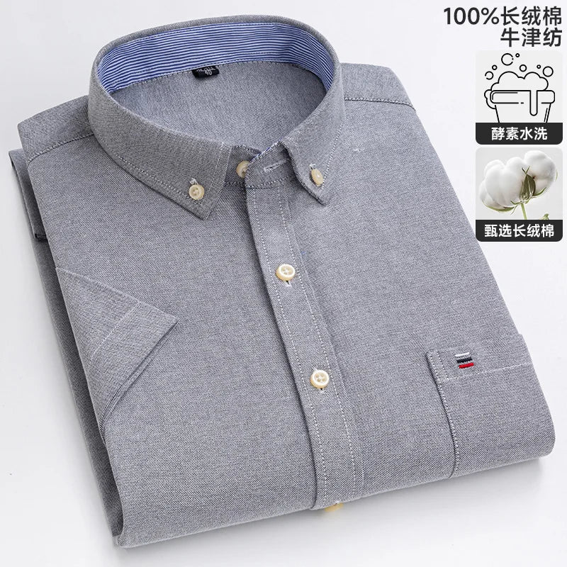 New 100% Cotton Oxford Men's Shirts Short Sleeve Plaid Soft Regular Fit Formal Dress Shirt Social Blouse Male Clothes 6XL 7XL