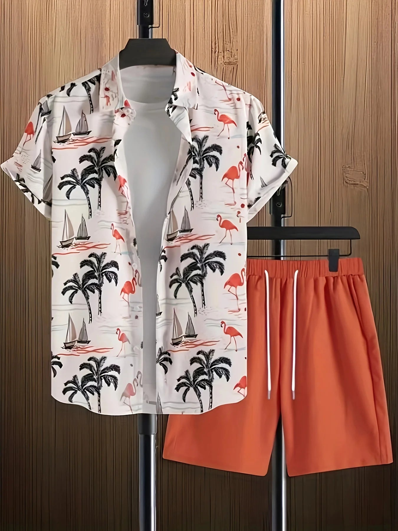 Hawaiian Shirt 3D Coconut Tree Print Short-Sleeve Shirt + Shorts Two-Piece Set Casual Beach Vacation Outfit Men's Clothing