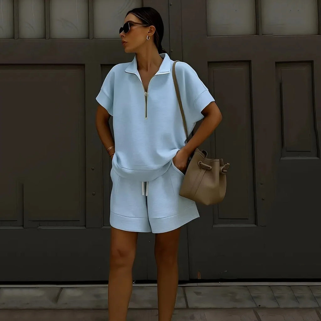 2026 Summer New Long-sleeved Shorts Sweater Set Solid Color Fashion Casual Short 2-piece Set