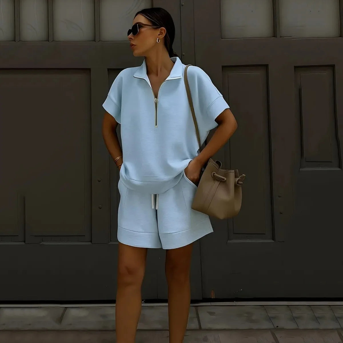 2026 Summer New Long-sleeved Shorts Sweater Set Solid Color Fashion Casual Short 2-piece Set