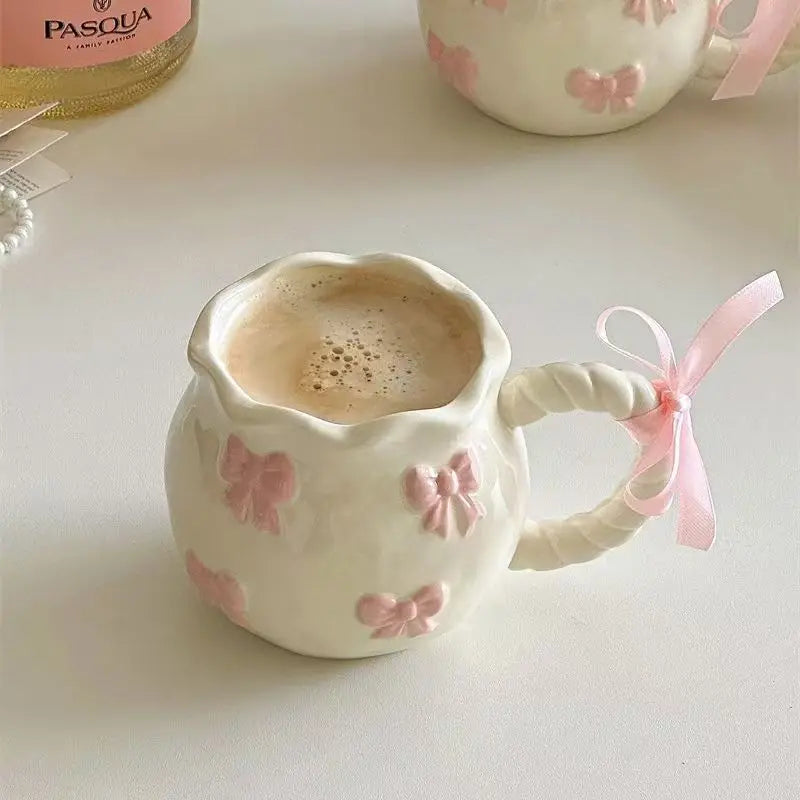 Thickened Cream White Mug Cute Bow Cartoon Ceramic Cup with Handle Milk Cup Coffee Cup Modern Simple Universal Water Cups