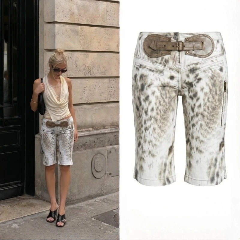 American Style Tie Dye Denim Woman Capris Cargo Shorts with Zipper Pockets Y2K Aesthetic Casual Streetwear Summer Jeans Woman