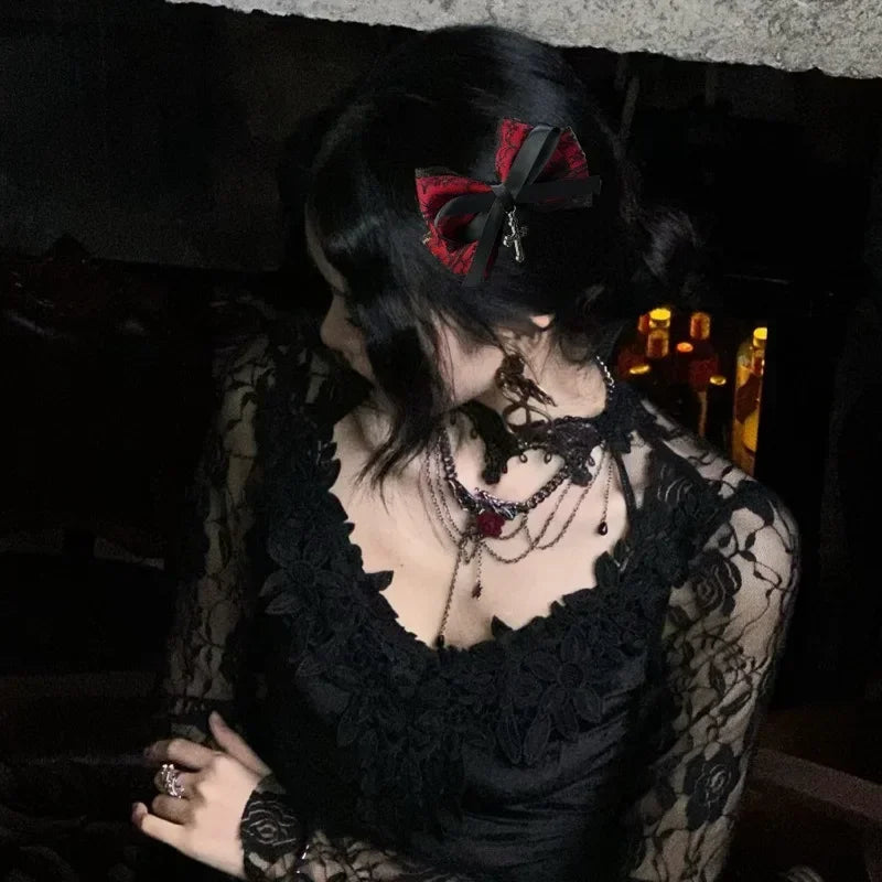 2pcs Gothic Girl's Street Exquisite Hair Accessories Fashion Bowknot Hair Clips Versatile Dressing Dark Style Bow Hair Clip 2025