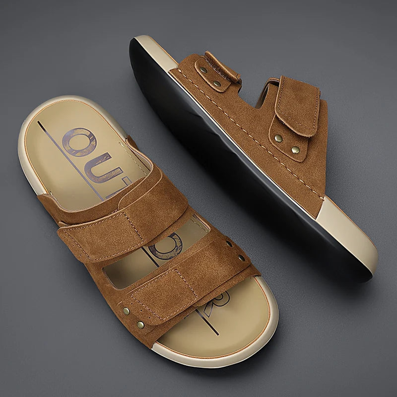 Men Sandals Canvas Luxury Pu Leather Men's Beach Sandal Footwear 2026 Autumn Male Casual Shoes Comfort Anti Slip Outsole Adult 7
