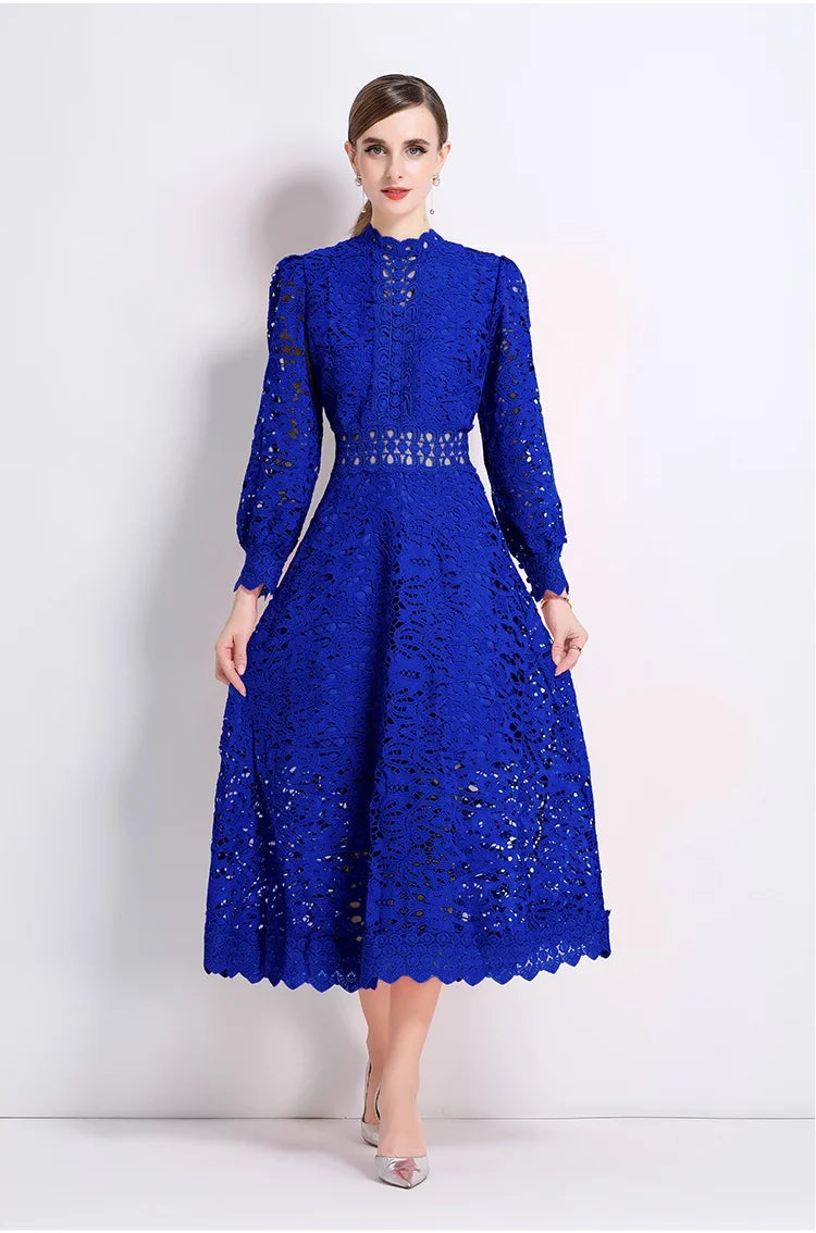 Solid Lace Holloe Out Slimming Elegant Dresses For Women Stand Collar Long Sleeve High Waist Minimalist Dress Female Fashion