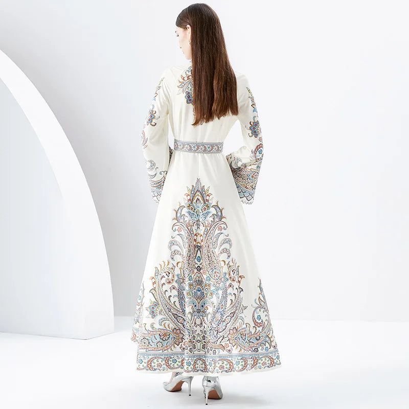 2023 New Silk Long sleeved Ethnic Style Retro Printed Dress for Women's Vacation Style Standing Collar Long Swing Dress