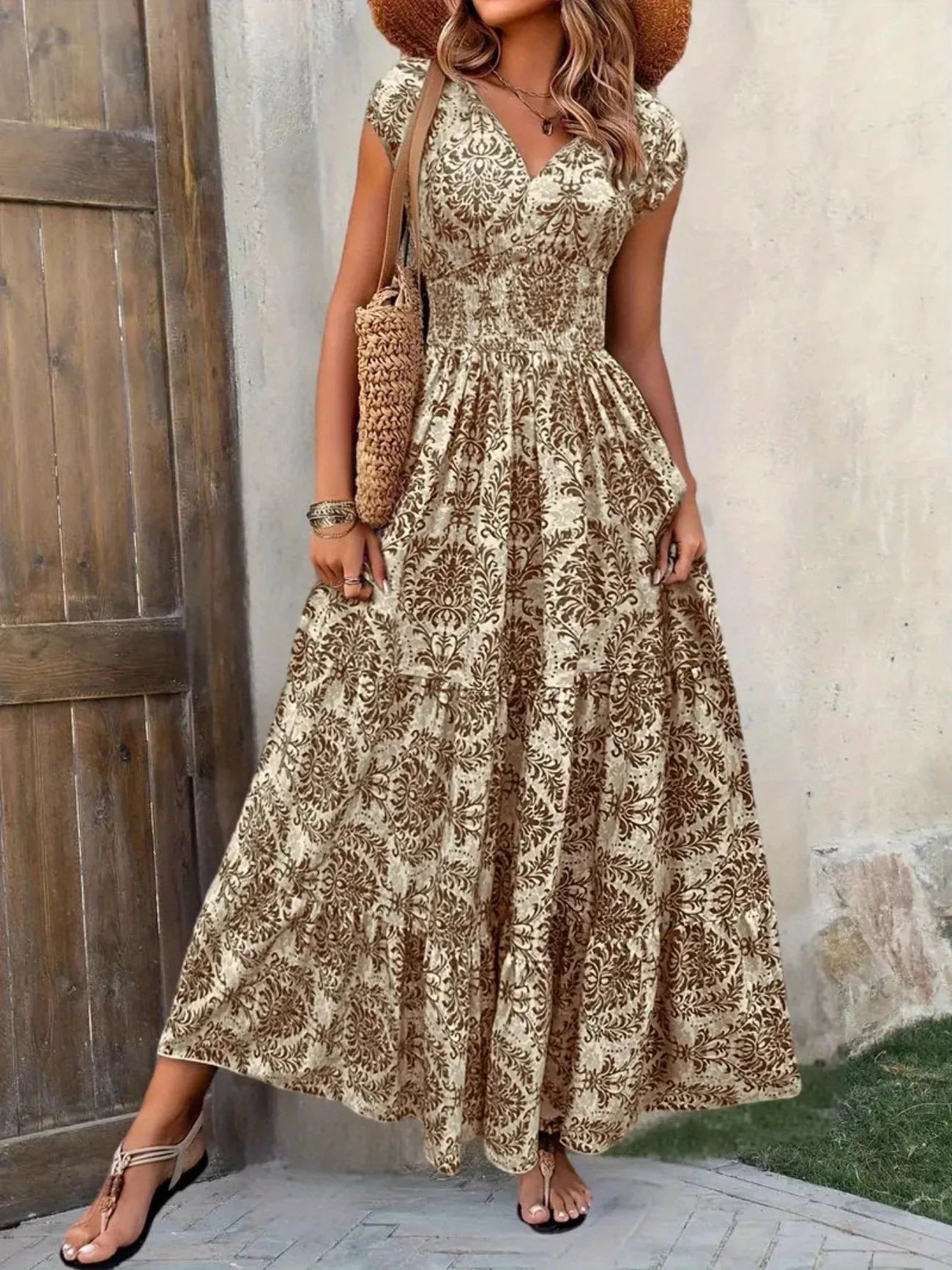 Women's Summer Retro Fashion Floral Printed Sexy V-neck Short Sleeve High Waist Medium Length Bohemian Loose Holidays Dresses