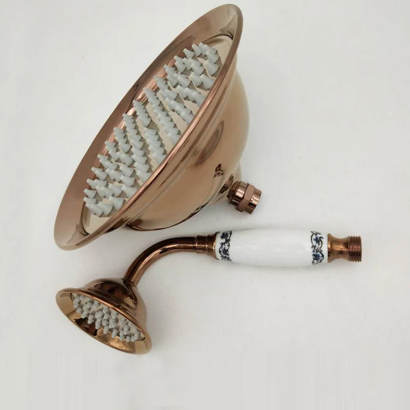8 Inch Round Ceramic Handle Shower Head Bathroom Solid Brass Copper Rain Shower Head Waterall Hand Shower