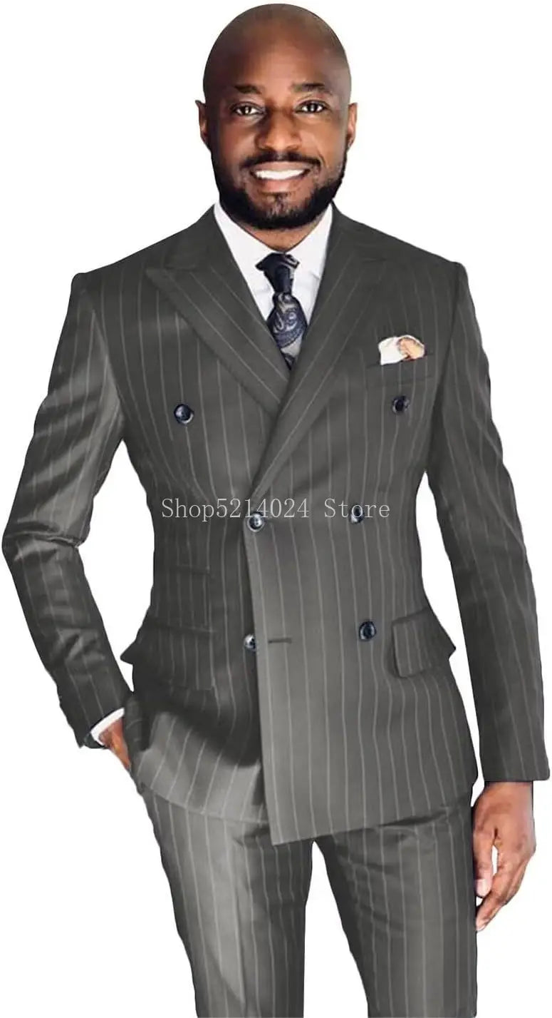Men's Pinstripe Suit 2-Piece Set Double Breasted Business Casual Wedding Party Suit