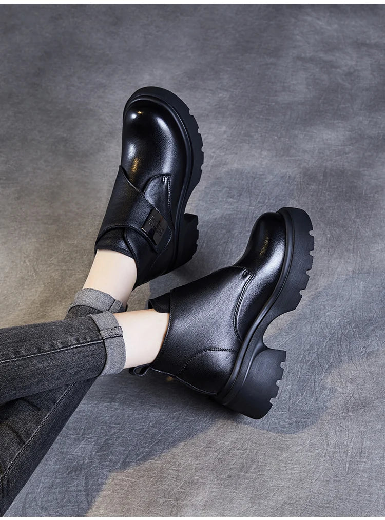 DRKANOL Wide Head Design Women Platform Boots Autumn Winter Warm Thick High Heel Hool And Loop Metal Genuine Leather Ankle Boots