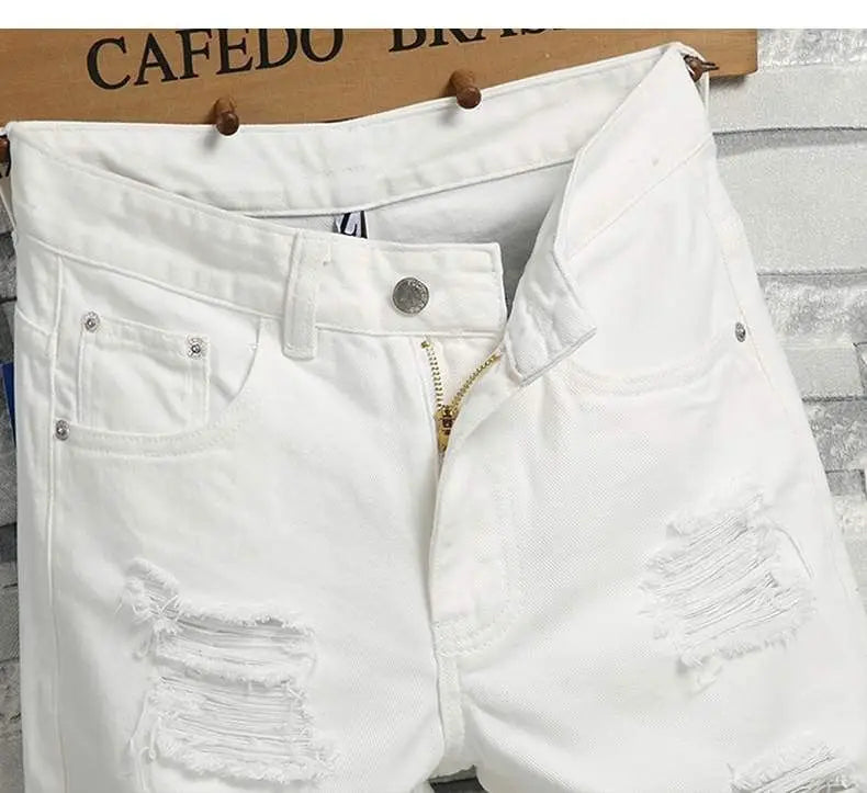 Men's Denim Shorts 2025 Summer Y2k Streetwear Ripped Casual Denim Knee Length Solid Jeans Shorts White New Classic Jeans Shorts