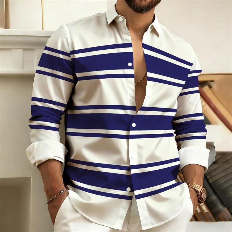 Men's Striped Long-Sleeved Shirt, Outdoor Street Style Casual Shirt for Men, Fashionable Lapel Men's Top, Comfortable Fabric.