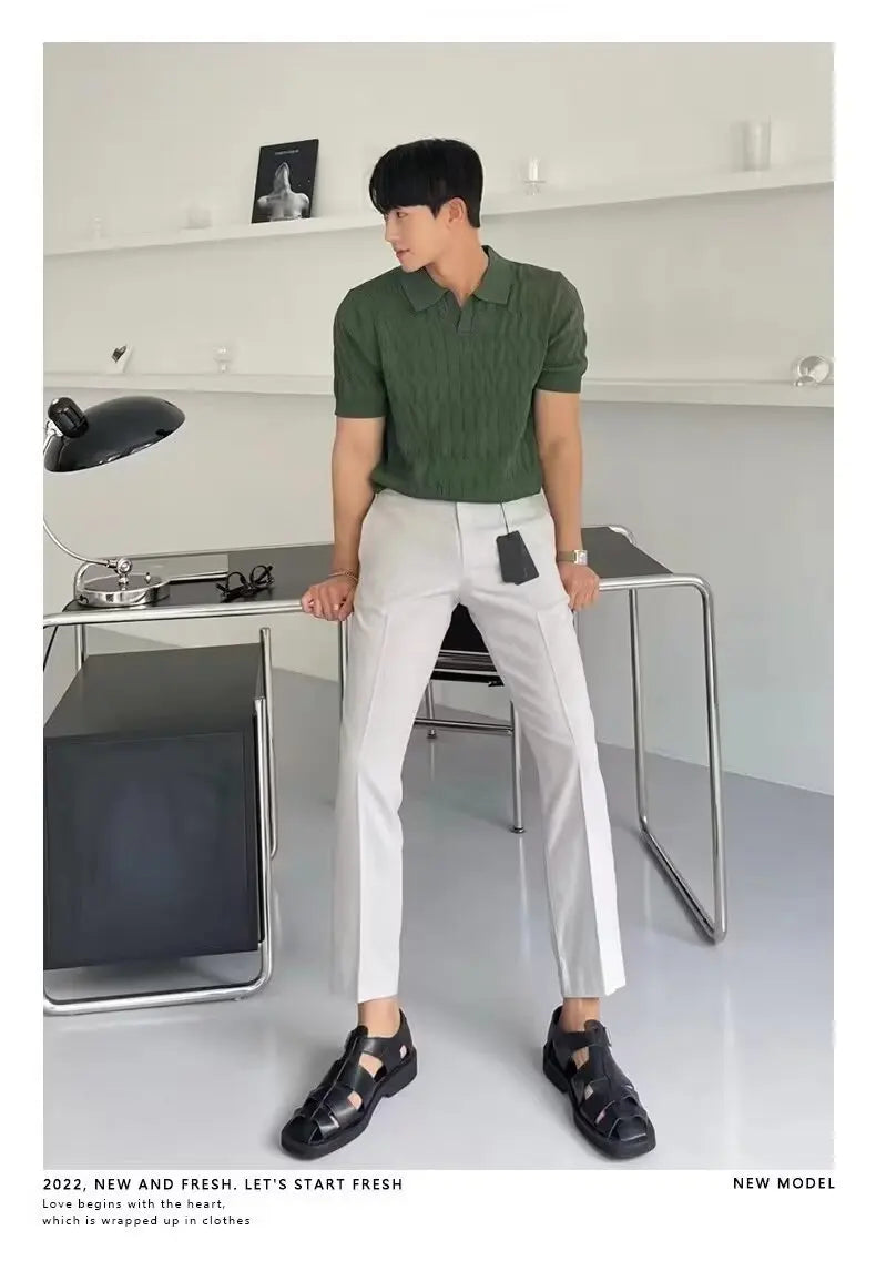 Trendy Polo Shirt for Men Summer Solid Color Top Versatile Knit Style Korean Short Sleeves Casual Fashion T-shirt