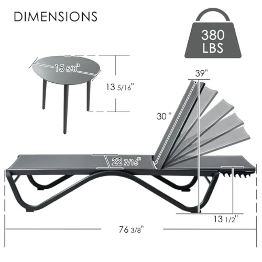 Outdoor Chaise Lounge for Poolside, Sunbathing Backyard: All Aluminum Frame + Textilene Fabric, Fully Flat Adjustable Reclining