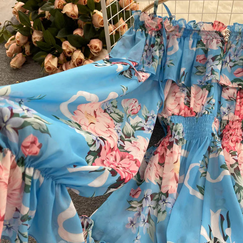 2025 New Retro Summer Beach Vacation Dress Women Sexy Strapless Lantern Sleeve Sweet Floral Jumpsuit Short Chiffon Print Dresses