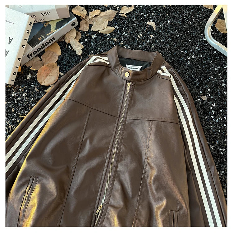 Men's Brown Leather Jacket American Retro Patchwork Striped Outerwear Youthful Style Summer Biker Coat Long Sleeve Zipper Clo...