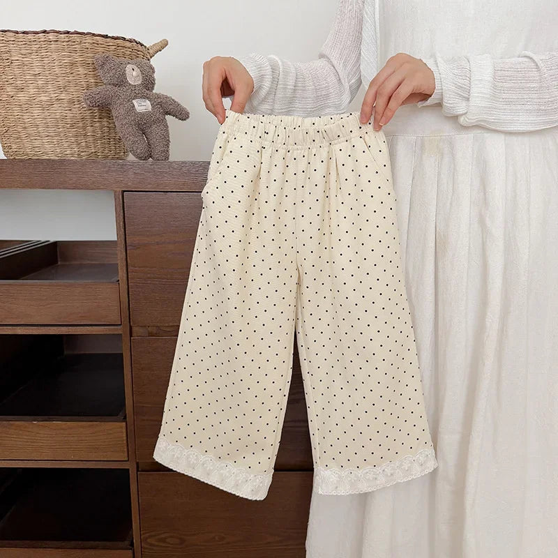 Korean Style Baby Girls Polka Dot Wide Leg Pants Lace Hem Loose Trousers Toddler Kids Elastic Waist Casual Fashion Pants