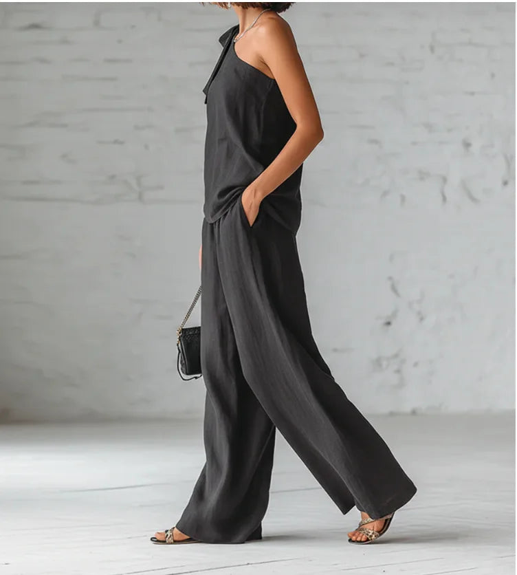 Summer Sexy Off Shoulder Tank Tops And Wide Leg Pants Two Piece Sets Casual Loose Solid High Waist Pants Sets Lace Tops Outfits