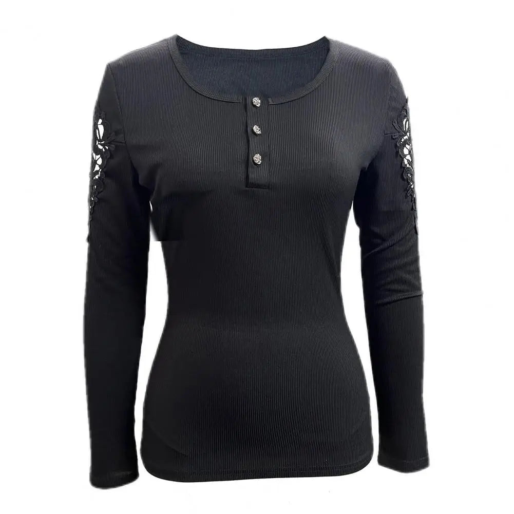Round Neck Women Top Elegant Lace Patchwork Women's Pullover Slim Fit Round Neck T-shirt Spring Fall Long Sleeve Top Soft Blouse