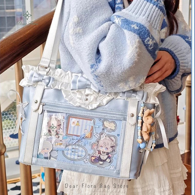 Japanese Sweet Women Ribbon Ita Bag Fashion Large Capacity Tote Bag Aesthetic Shoulder Bag Cute Lolita Girl Transparent Handbags