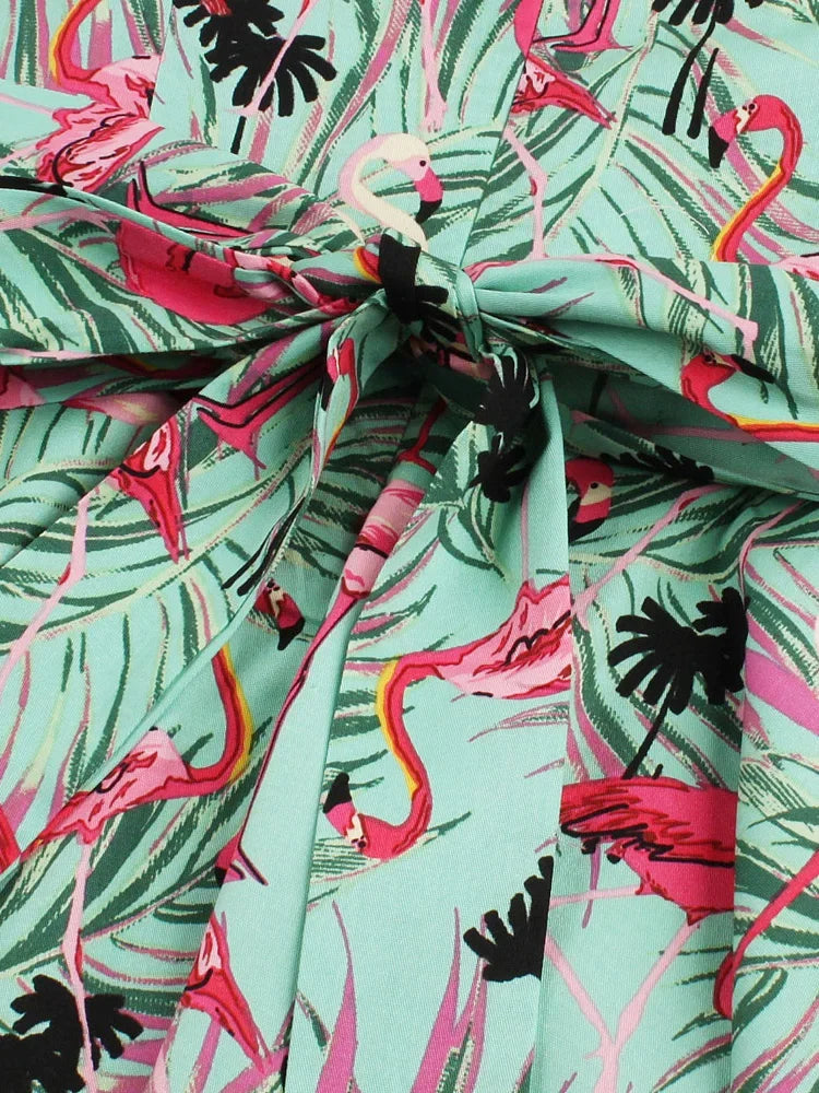 Flamingo Print High Waist Pinup Retro Dress S to 4XL 95% Cotton Women O-Neck Sleeveless Summer 50s Vintage Dresses women dress