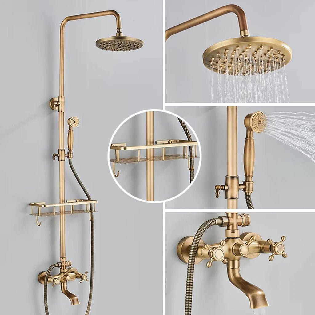 Antique Brass Shower Faucet Set Rainfall Head Shower with Handshower Wall Mount Dual Handle Mixer Bathroom Shower System