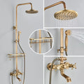 Antique Brass Shower Faucet Set Rainfall Head Shower with Handshower Wall Mount Dual Handle Mixer Bathroom Shower System
