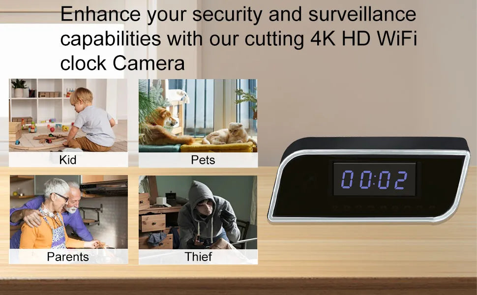 4K Smart Clock Camera with WiFi, Motion Detection, Night Vision, Remote Viewing, SD Card Storage – Home Security & Baby Monitor