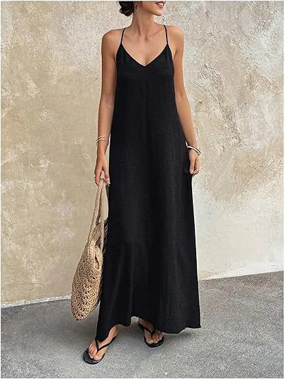 Women's New Solid Color Spaghetti Strap Deep Backless Loose Flowy Maxi Dress Elegant Comfort Casual Trendy Versatile Daily Dress
