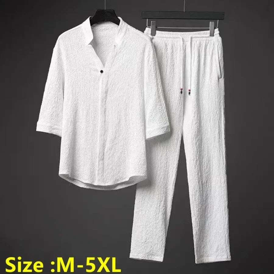2026 Men's Two Piece Pant Sets Spring Summer Short Sleeve Shirt And Pants Outfits For Men Solid Cotton Linen Clothing Sets Male