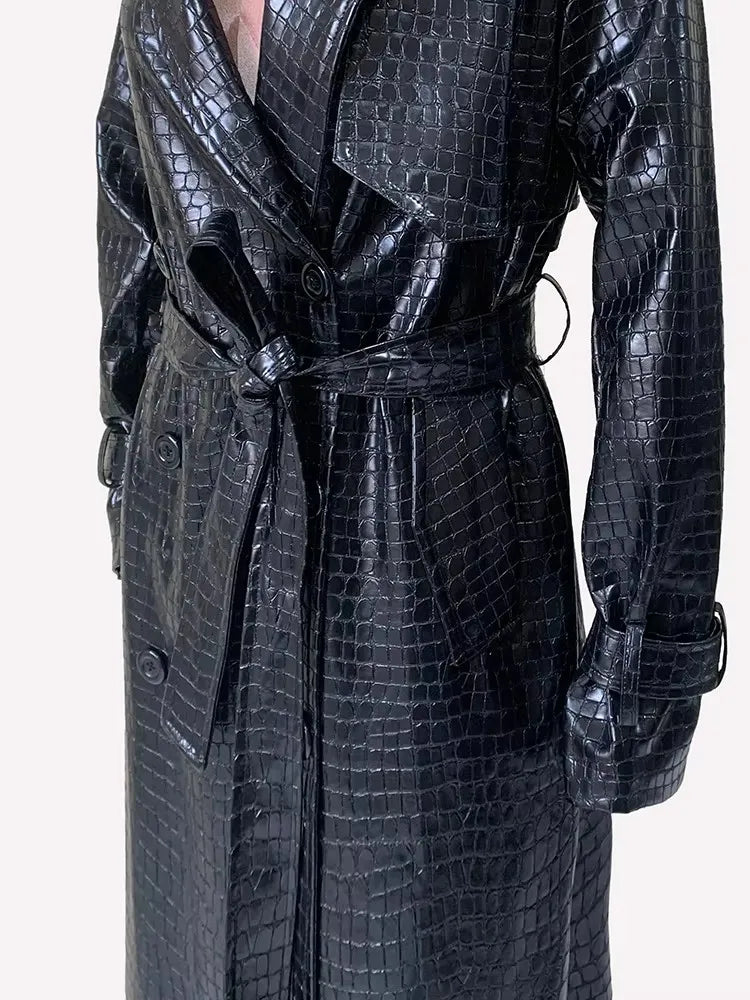 Mauroicardi Spring Autumn Extra Long Shiny Reflective Crocodile Print Pu Leather Trench Coat for Women Luxury Designer Clothes
