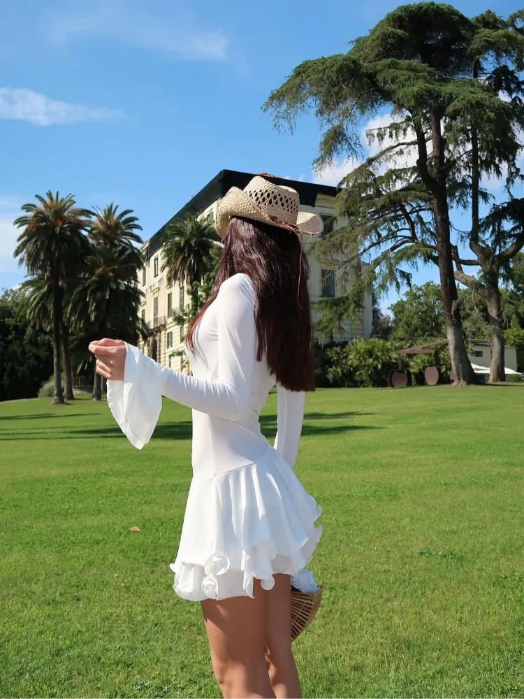 Chic Ruffle Hem Women's Dress V-Neck Long Sleeve Waist-Closed Buttons Solid Lady Mini Dresses 2026 Summer Fashion Female Robe
