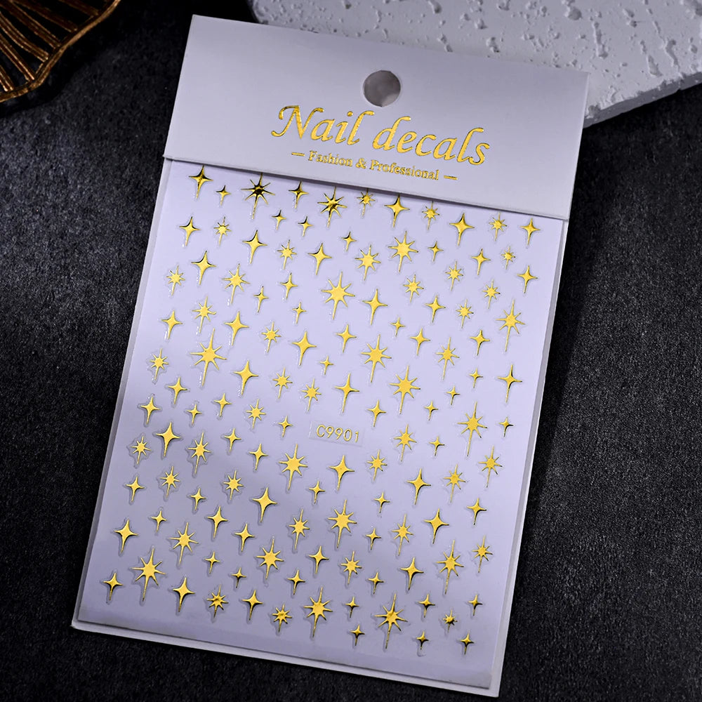 Luxury Diamond Gold Sliver 5D Bronzing Star Nail Sticker Shiny Laser Starlight Nail Decals 8*10cm Self-Adhesive Nail Decorations