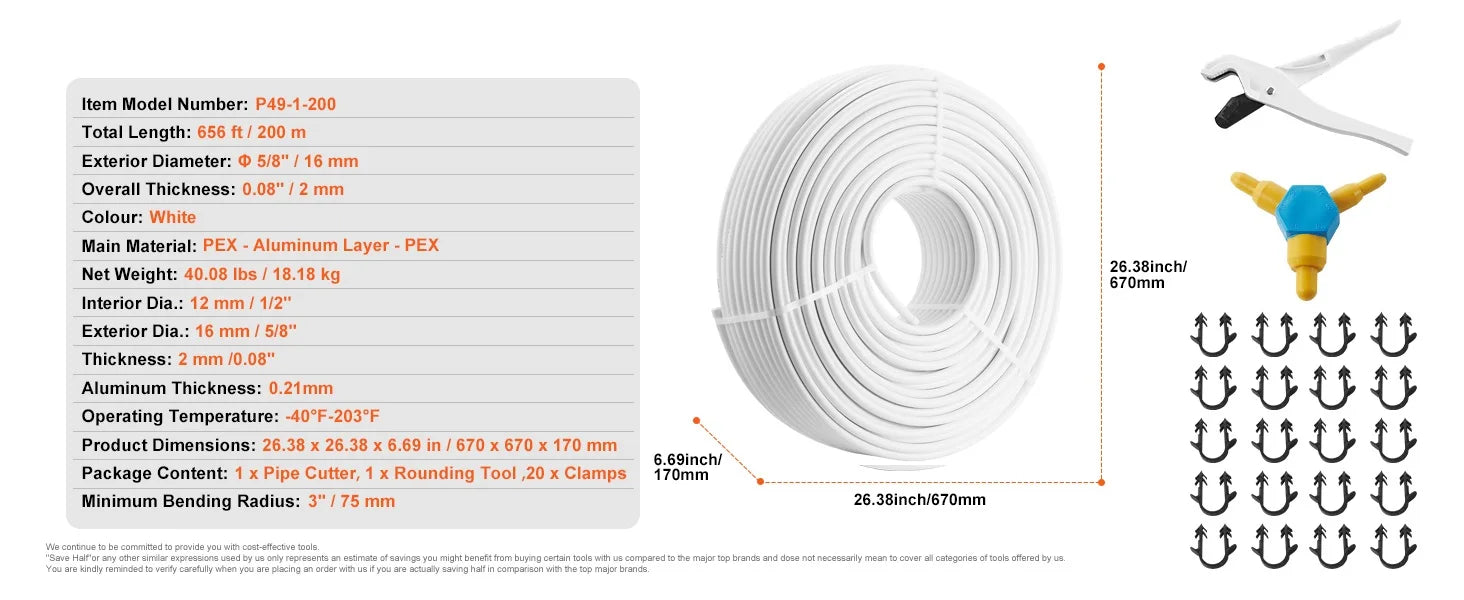 SucceBuy PEX-AL-PEX Tube 656ft 5/8'' Diameter Aluminum-Plastic Composite Pipe Oxygen Barrier Radiant Floor Pipe 0.08'' Thickness