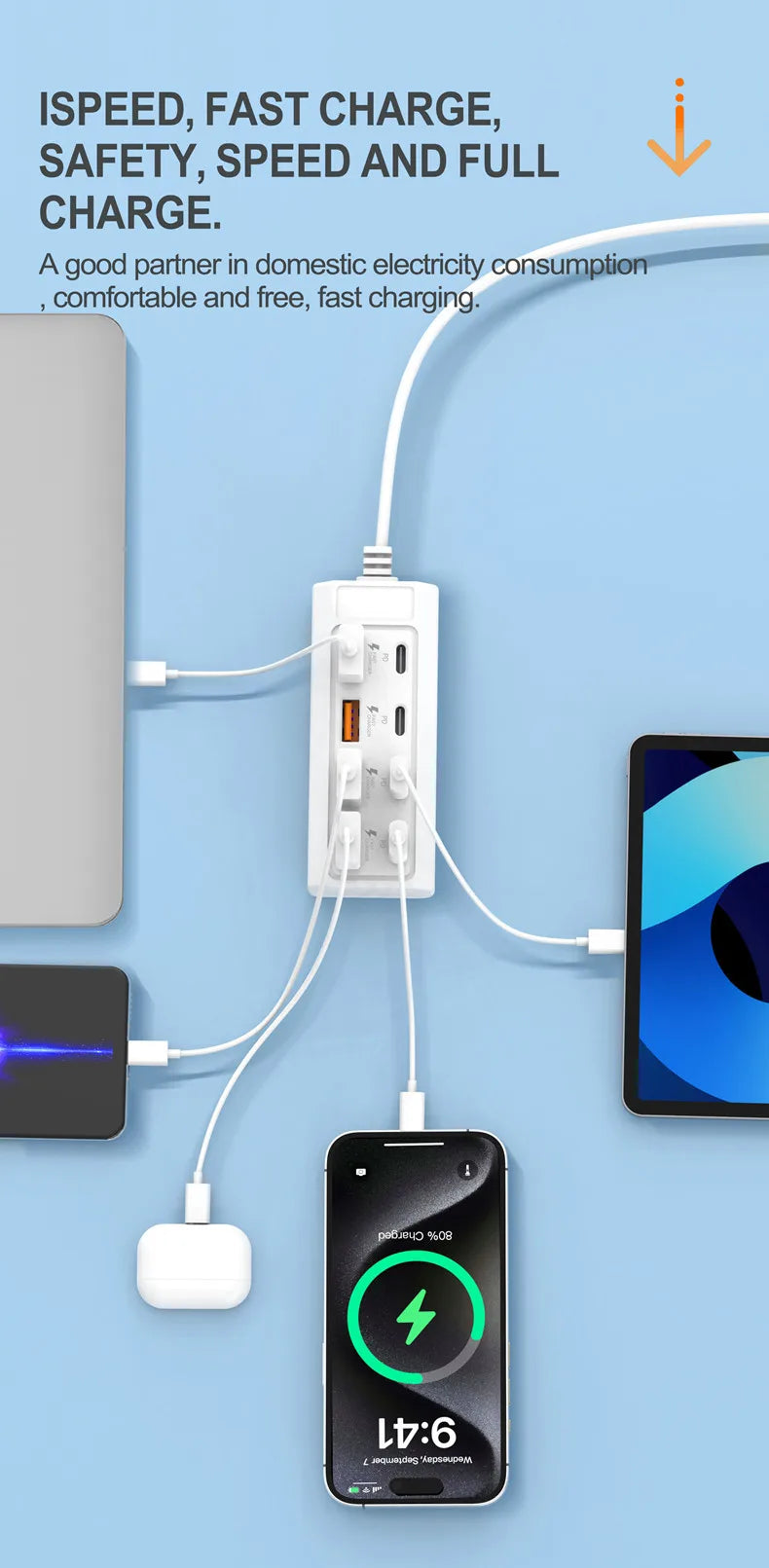 1/2 Piece USB Charging Port Adapter, 8-Port USB Charger with 25W 4C+4A Socket, Compatible with Laptops, Operating Voltage ≤36V,