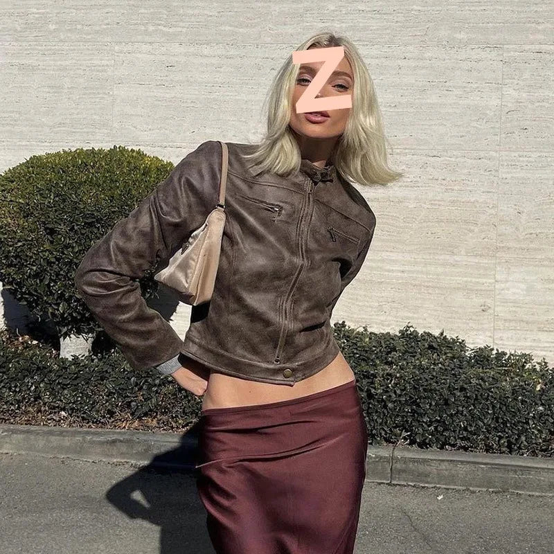 American Y2K Retro Distressed Brown Short Jacket 2026 Spring New Hot Girl Versatile Stand Collar PU Leather Jacket