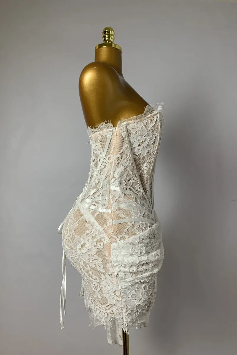 Women's Sexy Lace Dress Solid Color Sheer Patchwork High Waist Lace Dress Elegant Printed Strapless Slim Evening Dress