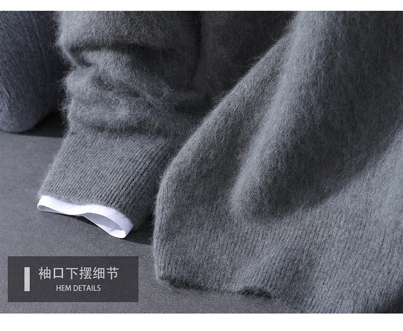 2025 Autumn Winter Hooded Collar Mink Cashmere Knitted Sweater Men's Drawstring Pullover High-End Thick Casual Sweater Loose Fit