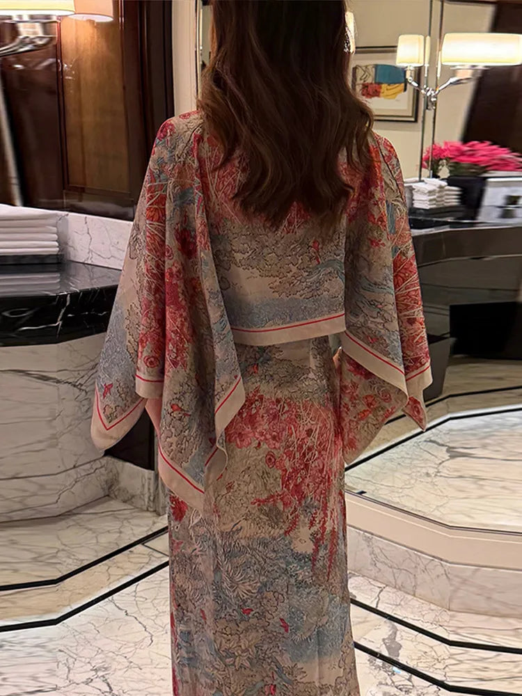 Women Floral Dress With Attached Shawl Cape Overlay Waisted Bodycon Maxi Dresses Fashion Elegant Commute 2026 Summer Autumn Gown