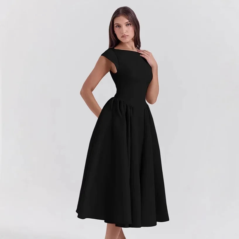 Summer Women Backless A-line Sexy Maxi Dress Gown Solid Hollow Out Sleeveless High Waist Club French Style Pleated Dress