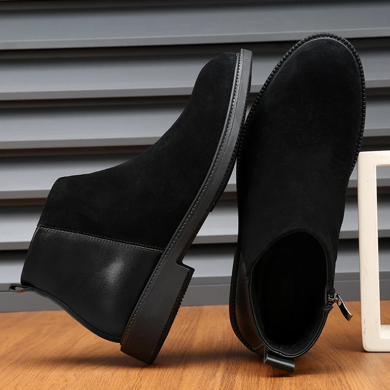 Classic Black Leather Pointed Chelsea Mid Top Boots Leather Shoes Fashionable Suede Leather Men's Autumn Comfortable Short Boots