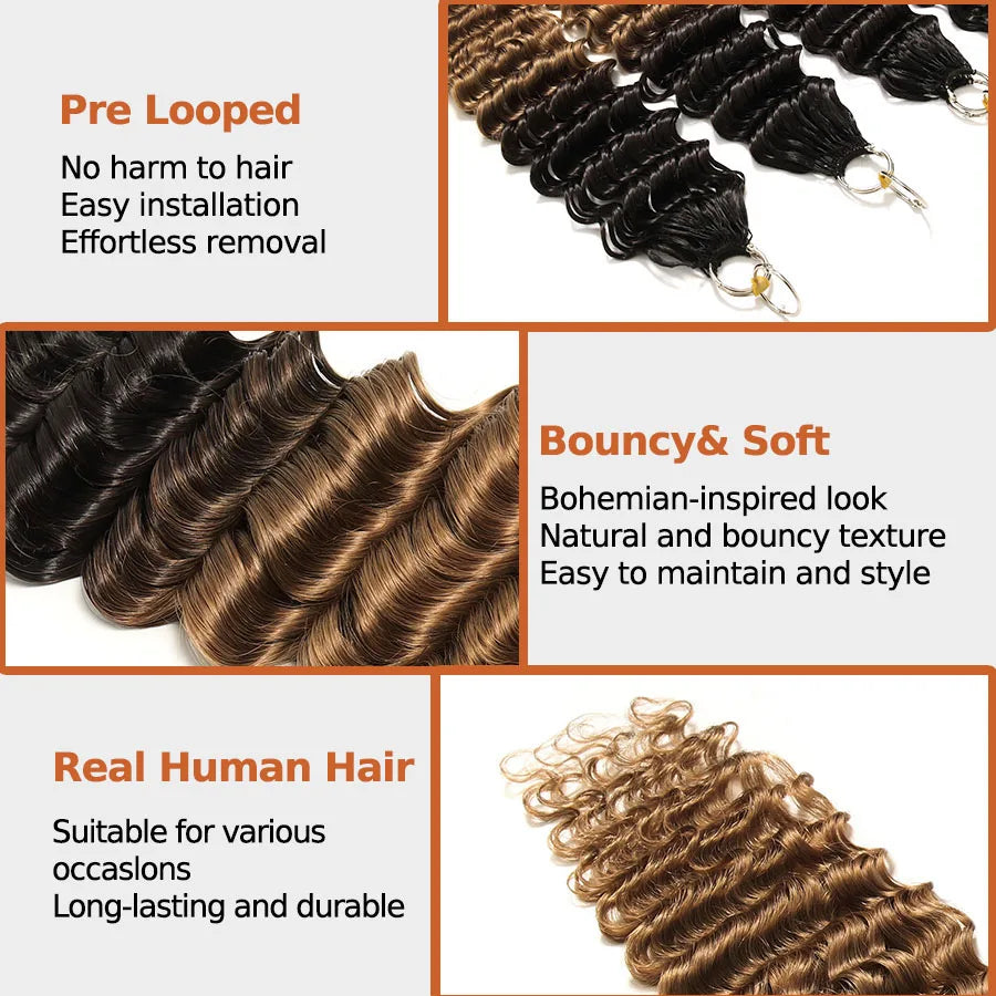 Ombre Brown #1B/30 Deep Wave Crochet Human Hair Extensions Crochet Hair Extensions Pre-Separated Full Ends Hair Extensions