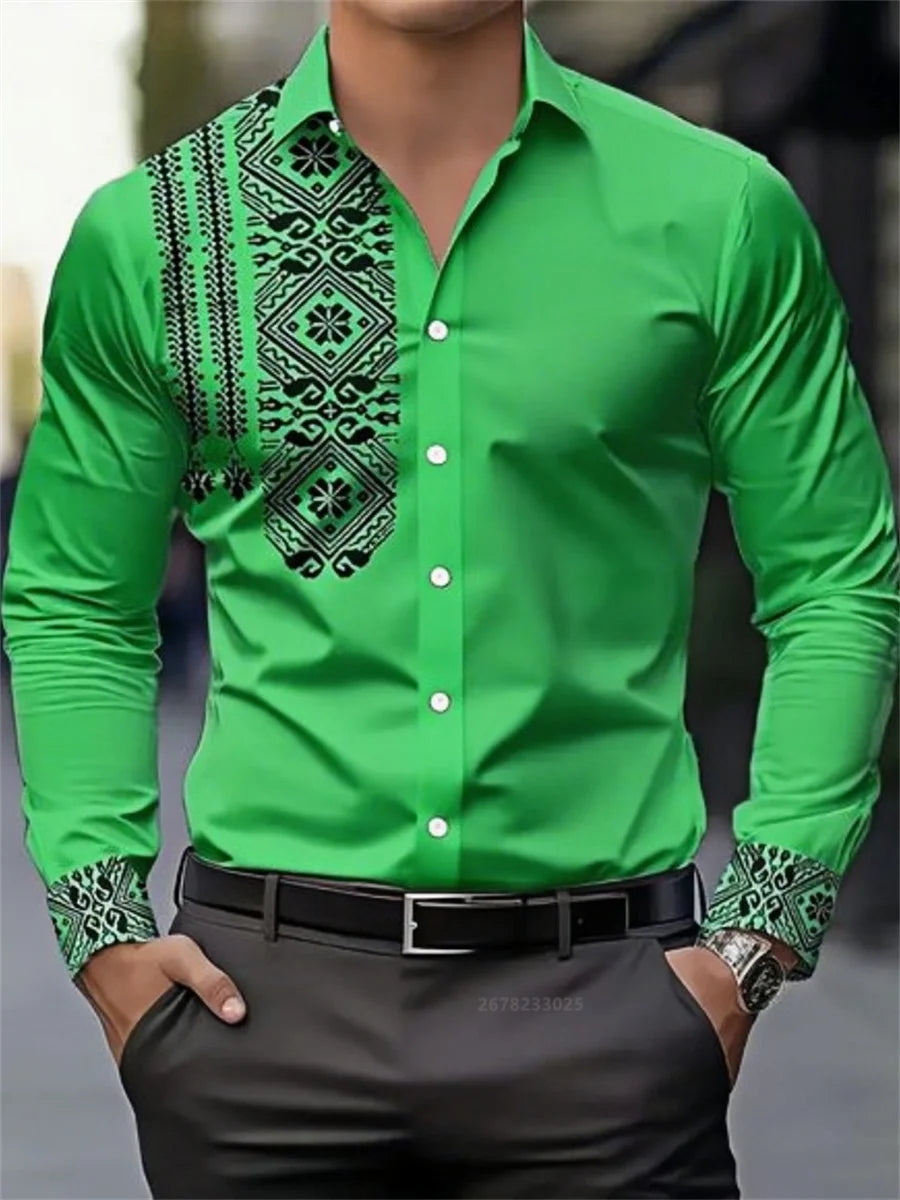 Men's shirt 3D printing retro ethnic style long-sleeved casual shirt high quality fashion lapel versatile top xs-6XL size