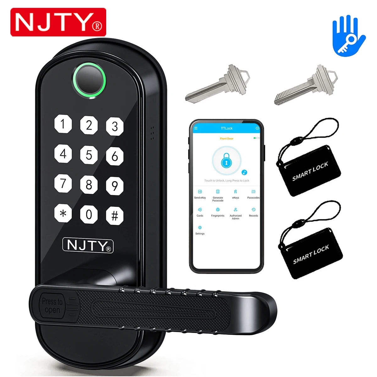 NJTY Fingerprint Door Lock Unlock by Fingerprint/Card/App/Password/NFC/Key Anti-Theft Electronic Door Lock for Bedroom/Outside