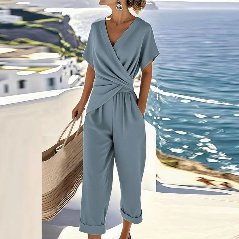Summer Fashion Solid Women's Two Pieces Set Elegant V Neck Slim Office Suit Casual Pleated Irregular Top And Pants Female Outfit