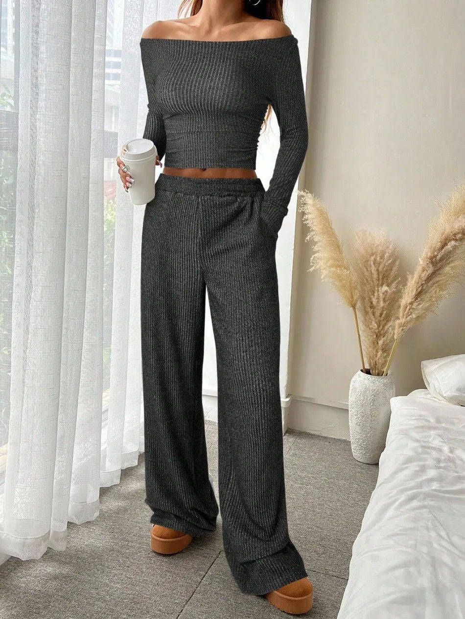 Solid Color Casual Loose Pants Sets for Women Elegant Women's Two Pieces Suit Full Trouser Set Female Outfit Clothes   Homewear