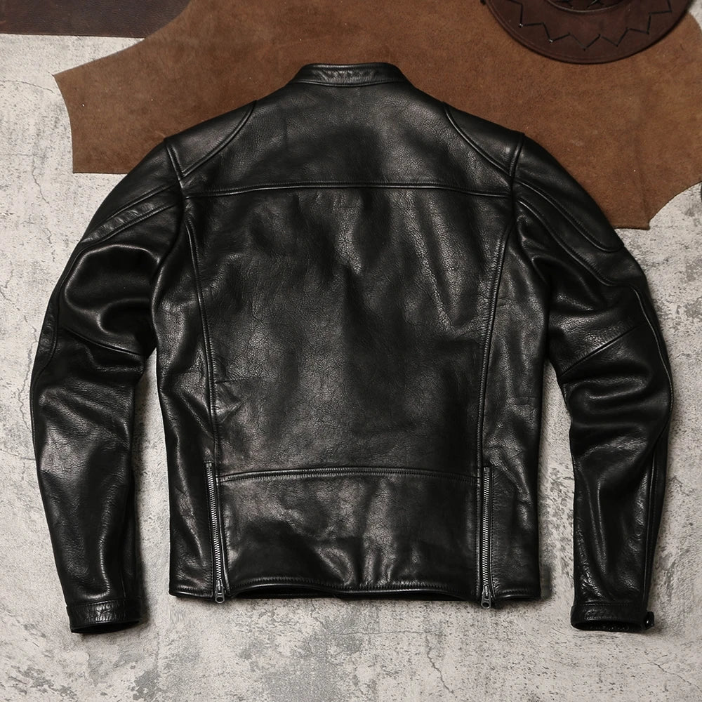 Black Winter Leather Jacket Men Sports Style Plus Size 5XL Genuine Natural Thick Cowhide Stand Collar Slim Fit Short Coat