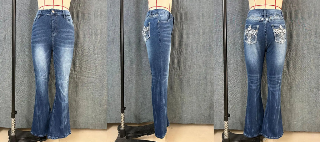 Denim Pant Women Bootcut Jeans Embroidery Vintage Washed Mid Waist Straight Trousers Slim Fit Y2k Streetwear Work Casual Summer