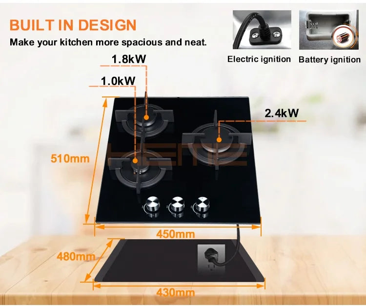 Built-In Tempered Glass Gas Hob Cooktops 3 Burner LPG Propane Gas Stove