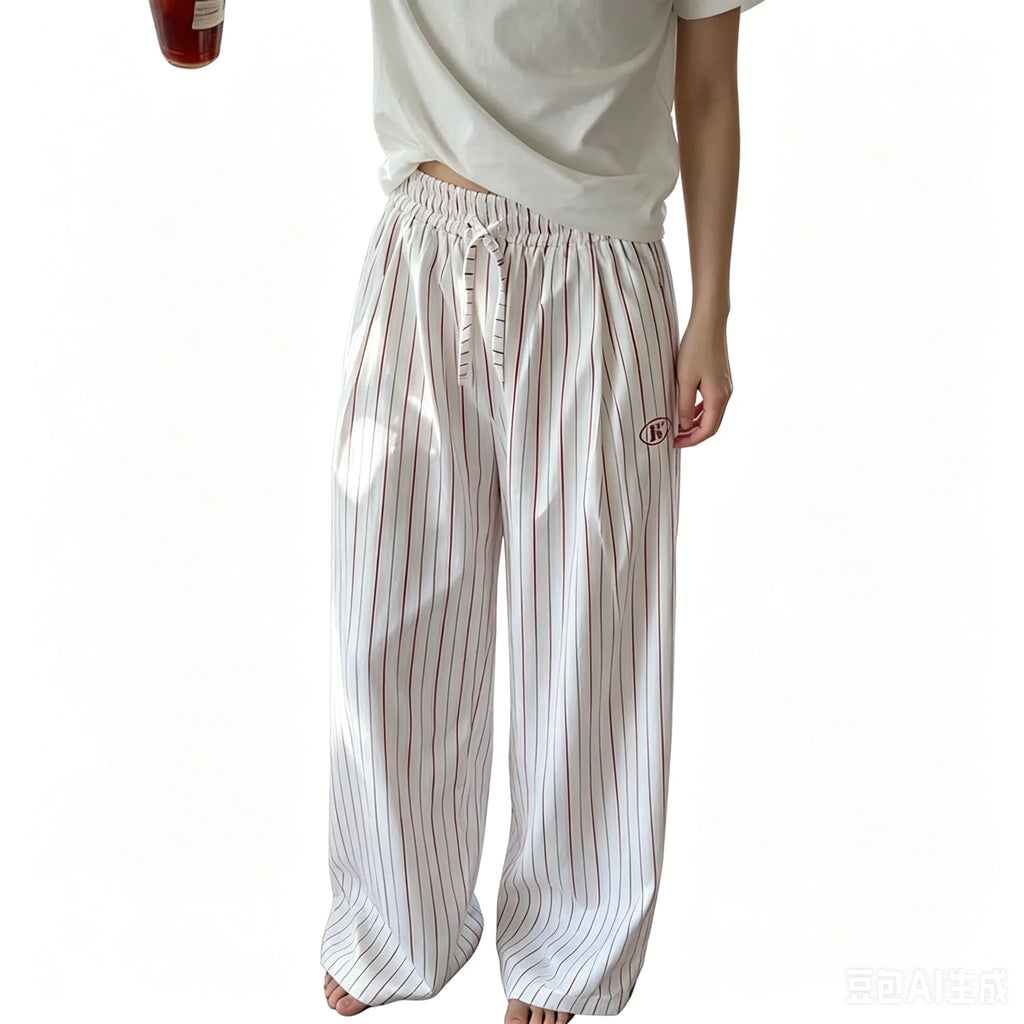 Classic Women Summer Vertical Striped Wide Leg Pants Elastic Drawstring High Waist Mini Embroidery Logo Loose Casual Trousers